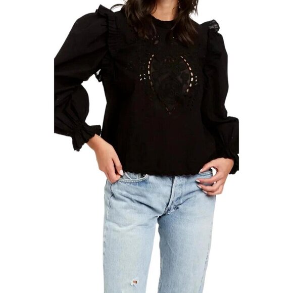 Love the Label Women's Large Black Bernice Eyelet Blouse Top Balloon Sleeve Top - Picture 3 of 10
